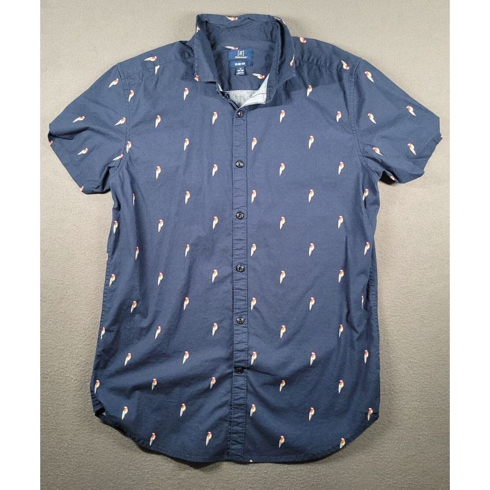 George Parrot Bird Print Shirt Mens M Blue Short Sleeve Slim Fit GM29Y078